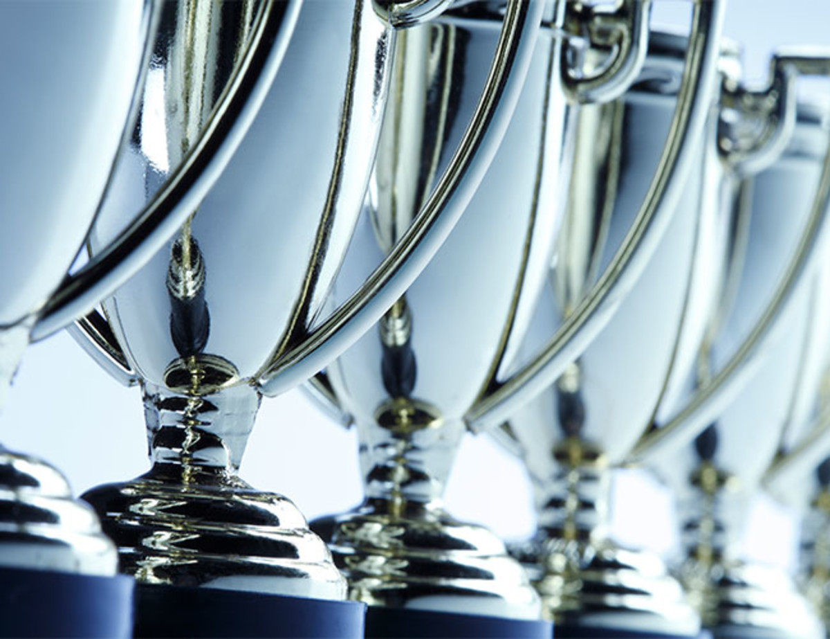 Close up view of awards trophies