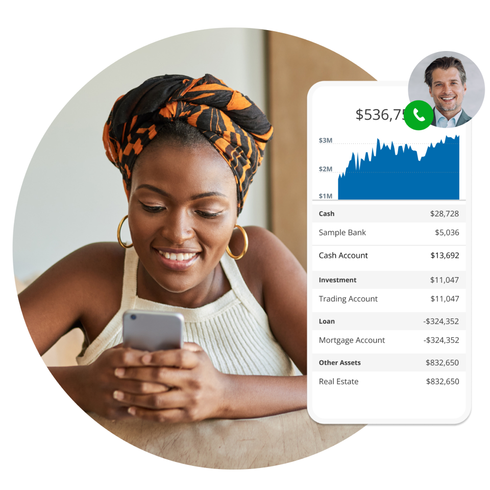 A woman smiling while using a phone, with a financial dashboard and an advisor's picture displayed beside her.